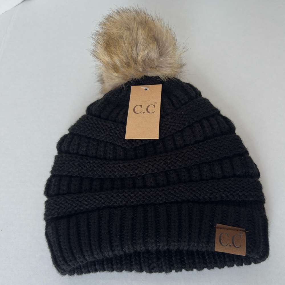 C.C || woman’s Black Beanie with Tan Faux Fur Pom one size